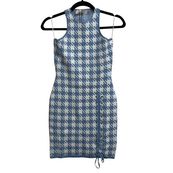 NEW NWT Fleur Du Mal Houndstooth Knit Mini Dress Baby Blue & Ivory - Picture 3 of 10